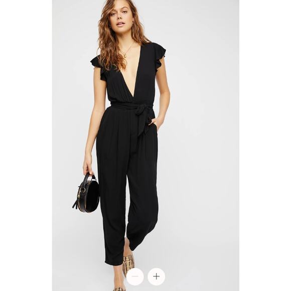 Free People Ruffle Your Feathers Black Deep-V Cap Sleeve Jumpsuit - Picture 1 of 5